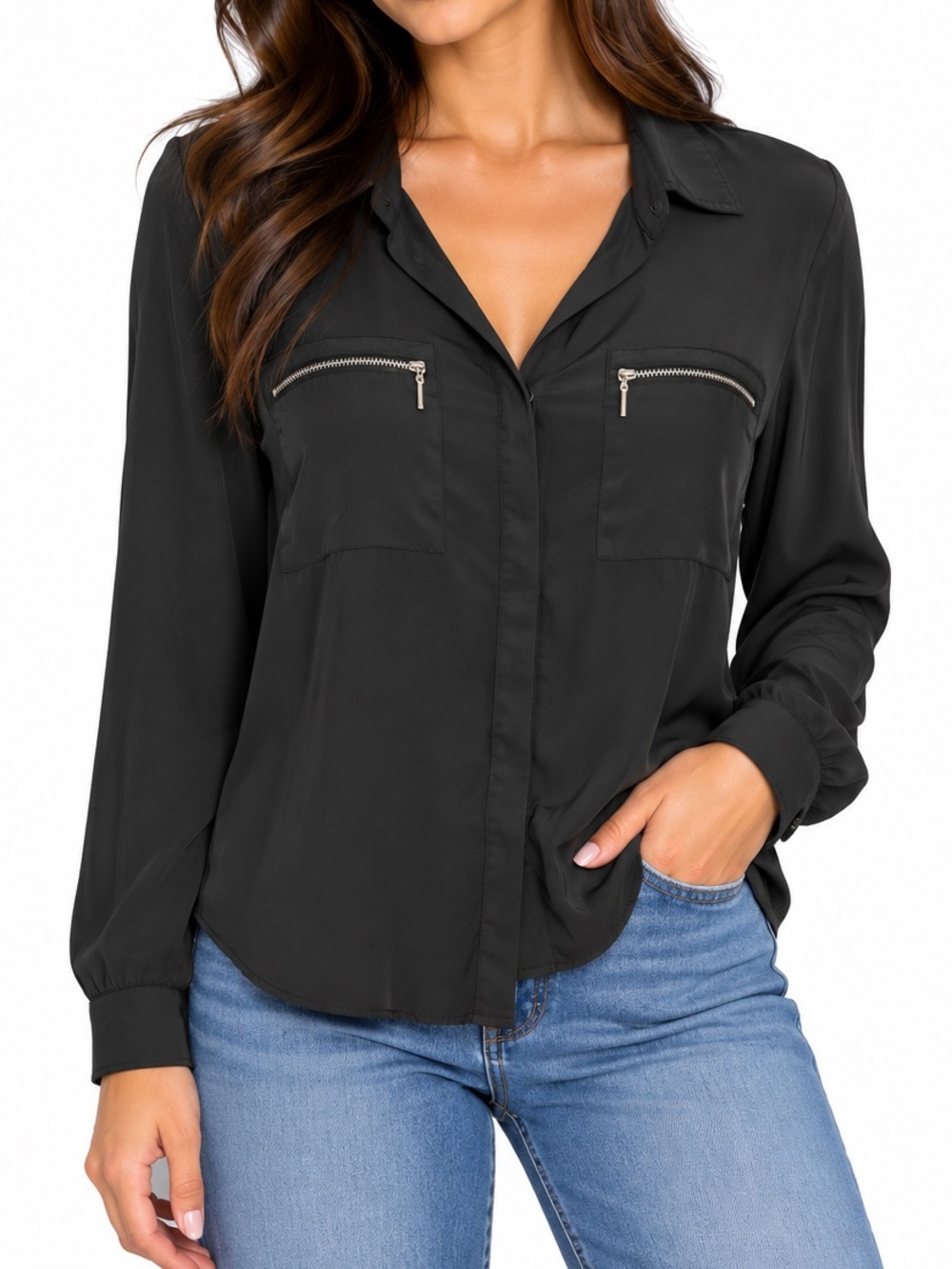 Apt. 9 Black Button-Down Blouse with Zip Chest Pockets